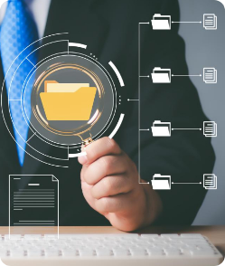 Businessman managing digital documents and folders with data management and file organization technology