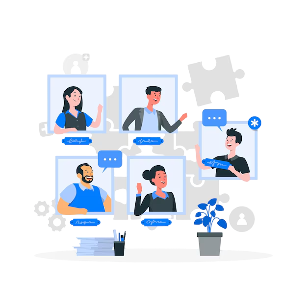 Illustration of a virtual team meeting with diverse professionals connecting through video calls and online collaboration tools