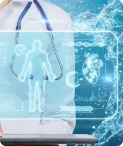 Doctor with stethoscope using digital hologram interface showing human body and heart scan—illustrating AI telemedicine diagnostics and advanced virtual healthcare technology.