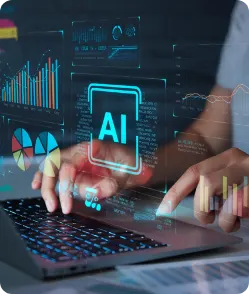 Hands typing on laptop with AI holographic dashboard displaying charts and analytics—representing artificial intelligence integration in telemedicine and healthcare data insights.
