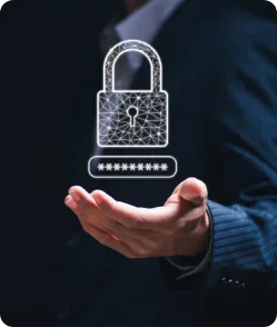 Business professional holding holographic digital padlock with password security—symbolizing data privacy, encryaption, and secure AI telemedicine solutions.