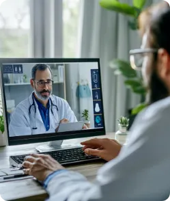 Doctor conducting an online video consultation with another healthcare professional via telemedicine platform—showcasing AI-driven remote healthcare and virtual medical collaboration.