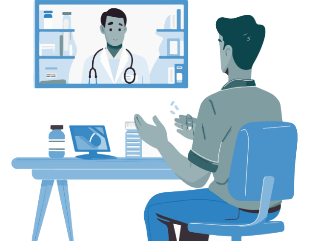 Illustration of a patient engaging in a virtual medical consultation with a doctor on screen—highlighting AI-powered telemedicine, online diagnosis, and remote healthcare delivery.