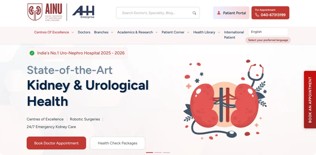 Homepage design of AINU Hospitals website focusing on kidney and urological health services with appointment booking features.